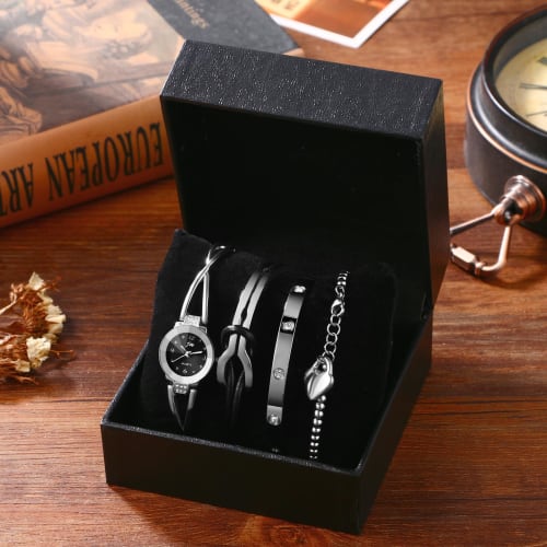 Women's Cute Stainless Steel Bangle Watch: Silver Infinity Symbol Heart Bracelet, Waterproof Quartz Movement, 4-Piece Set - Perfect Christmas or Valen