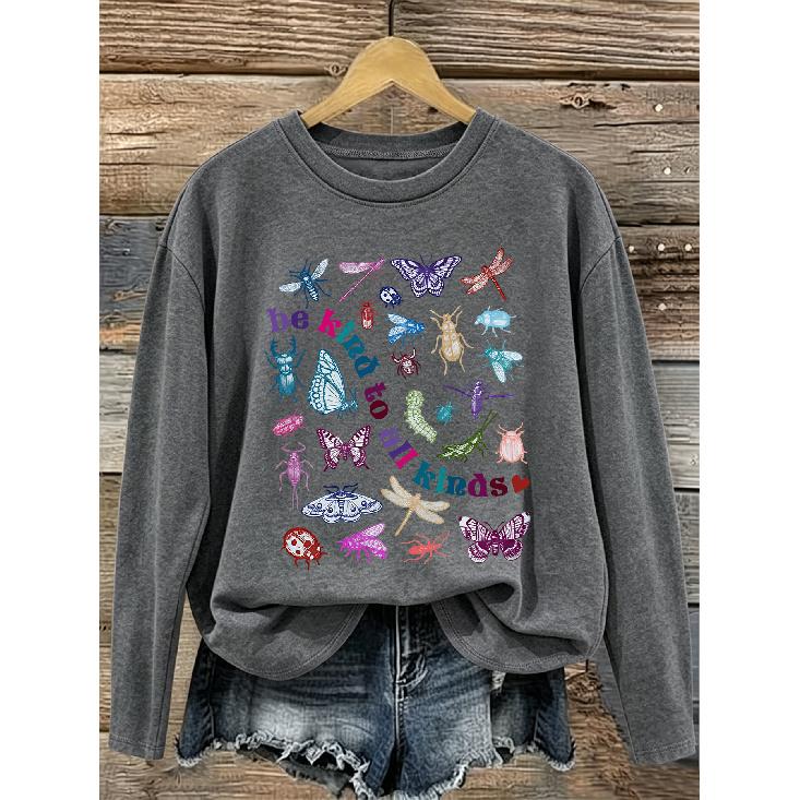 2026 New Women Autumn Winter Tops Letter And Insect Print Crew Neck Long Sleeve T Shirt Can Be Worn As Inner Layer