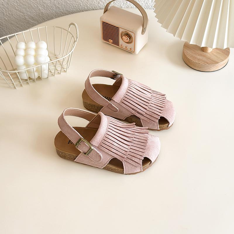 Summer Anti-Slippery Kids Suede Sandals for Girls Non-Slip Closed Toe Toddler Beach Shoes with Cute Tassels School Casual Wear 23