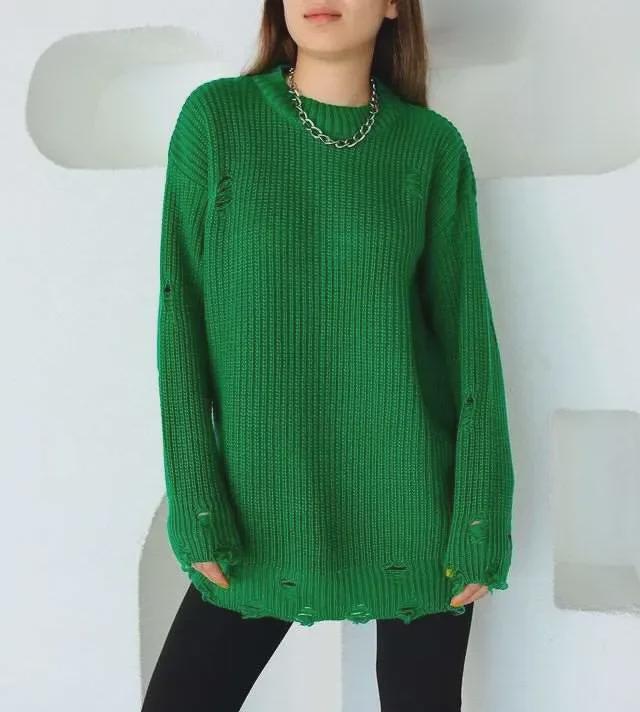 

2024 Осень/Зима Европейский и Американский Стиль Повседневный Однотонный Ажурный Трикотажный Свитер 3XL зелёный