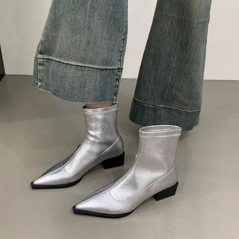 Móda Dámské úzké kotníkové boty se špičatou špičkou Módní čtvercový nízký podpatek Elegantní dámské krátké boty se zadním zipem Dámská obuv