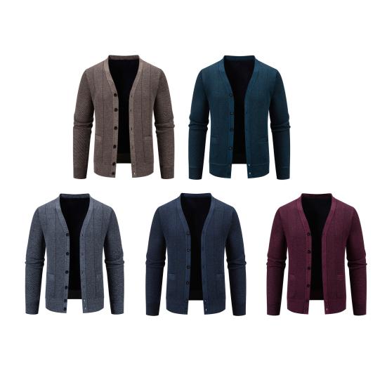 Men Knitting Cardigan V-Neck Long Sleeve Buttons Placket Sweater Jacket with Pockets Solid Color Autumn Winter Knitwear
