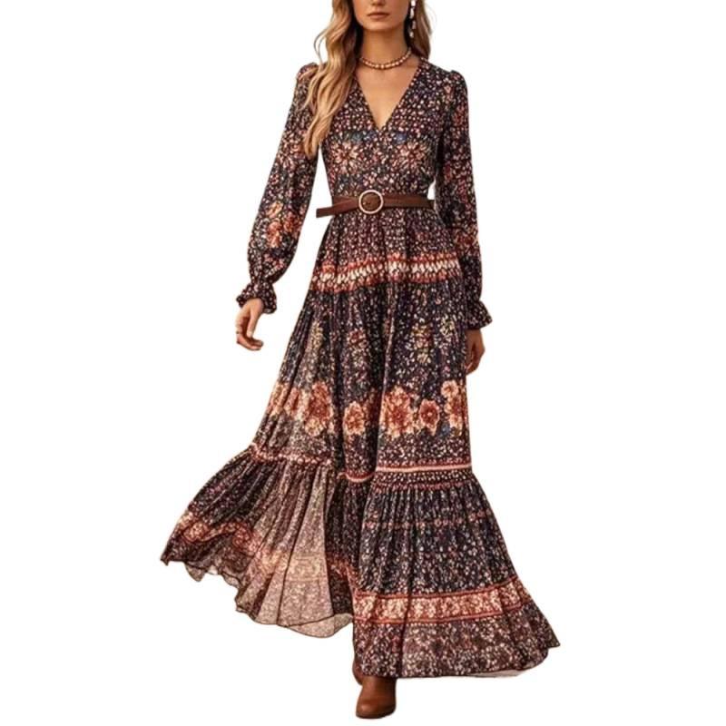 2026 Popular Autumn Long-sleeved V-neck Pendulum Printed Long-sleeved Dress