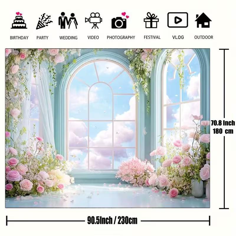 2D Pastel Blue Window Backdrop, Pink Flowers & Cloudy Sky Background