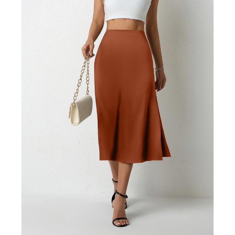 Damen Satinrock Sommer Lang Schlitz Professioneller A-Linien-Rock High Waist Rock