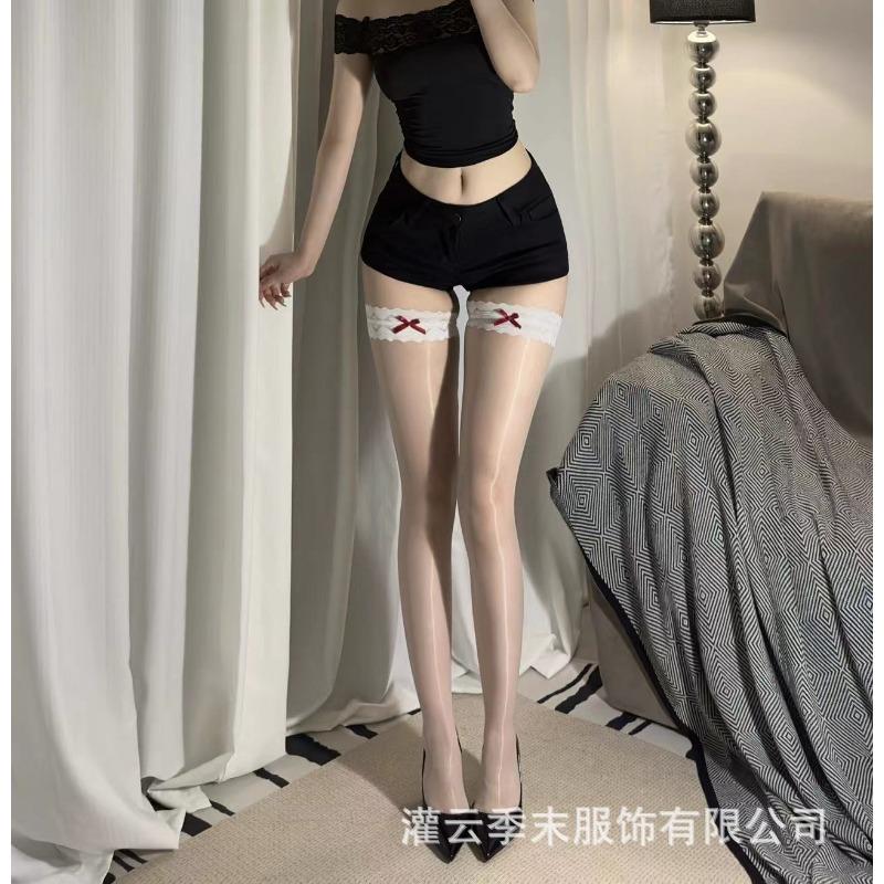 Aurora ultra-thin lace bow contrasting color half-cut knee socks glossy stockings sex stockings women