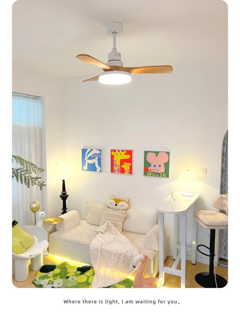 French Mid-Century Solid Wood Smart Ceiling Fan for Home & Restaurant