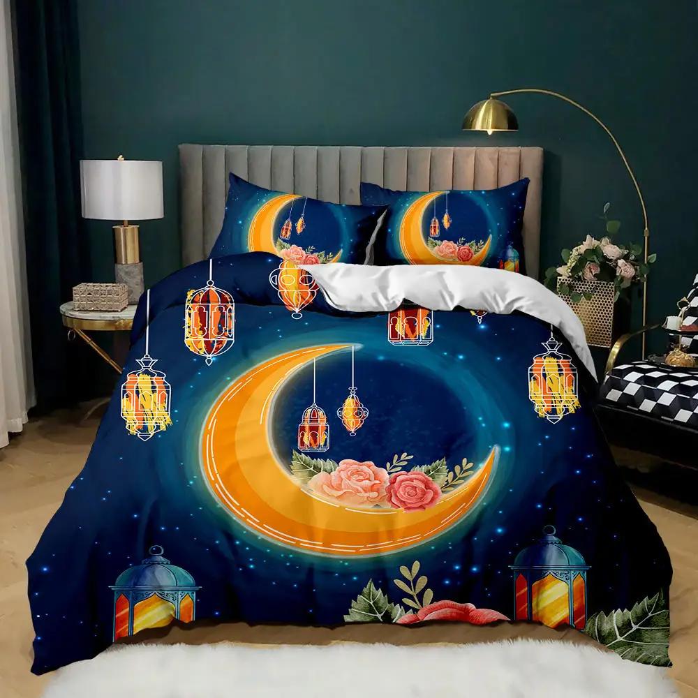 Exotic Stars and Moon Duvet Cover King Queen Religious Themed Quilt Cover Muslim Believer Bedding Set for Ramadan Festival Decor