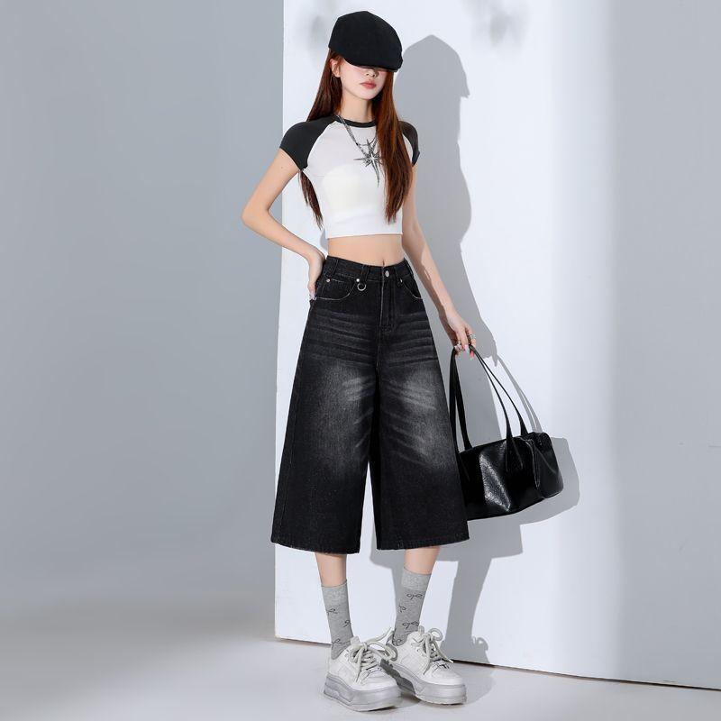 Fashion Summer Vintage High Waist Loose Cropped Capri Pants For Women Versatile High Street Straight Denim Trendy Slimming FigureFlattering Daily Wear