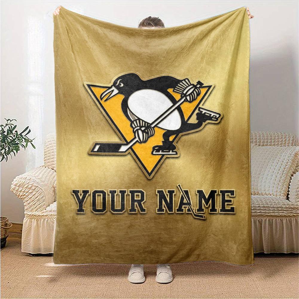 Name Custom Pittsburgh Penguins Logo Print Flannel Blanket High Quality Warm Comfortable Cover for All Seasons Perfect for Gifts Home Decor