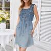 Women's Fashion Sleeveless Round Neck Printed Decorative Button Double Pocket Lace-up Dress