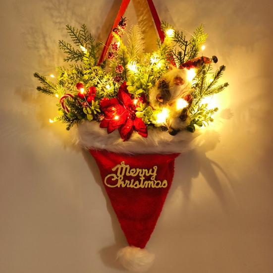 Hat Wreath LED Lighted Santa Hat Wreath with Artificial Pine