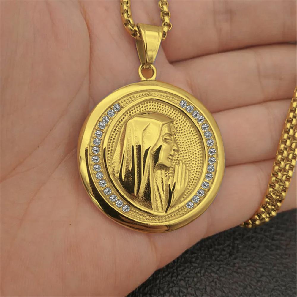 Religious Virgin Mary Pendant Necklaces Female Gold Color Stainless Steel Round Madonna Necklace For Women Jewelry Gift XL1031
