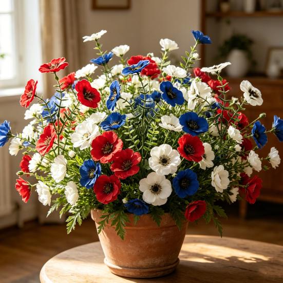 10 Pcs Artificial Fake Pansy Flowers for Outdoor Patriotic Red White Blue UV Resistant Faux Silk Flowers for 4th of July Front Door Porch Patio Window