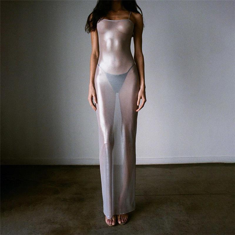 2024 Summer Women's Silver Mesh Bodycon Dress - Spaghetti Strap, Sexy, See-Through, Nightclub Fashion