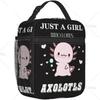 Just A Girl Who Loves Axolotls Lunch Bag for Women Girls Kids, Reusable Large Capacity Lunch Box with Pocket for Work Picnic
