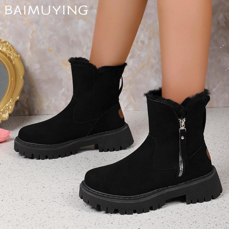 Suede Chunky Women Snow Ankle Boots Short Plush Mid Heels Cotton Shoes 2025 Trend Winter Warm Casual Cozy Designer Botas Mujer