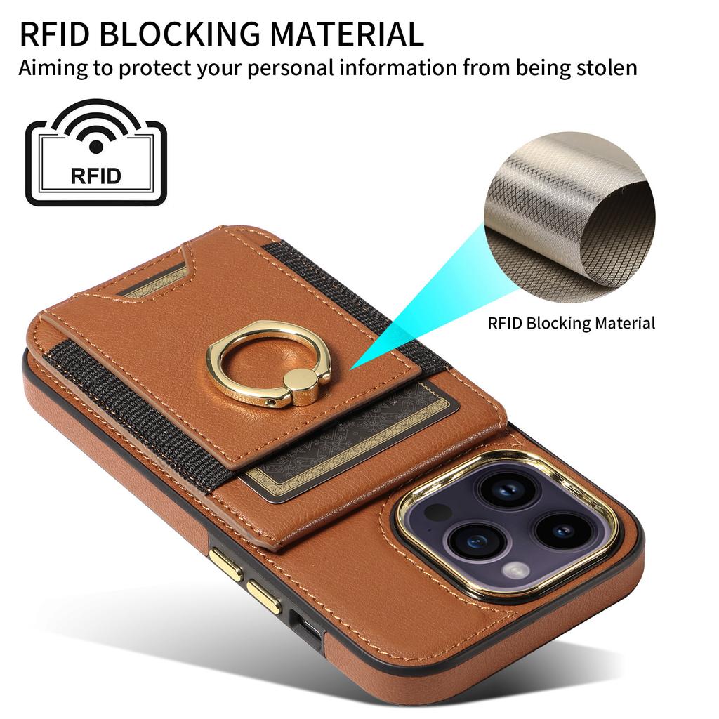 For iPhone 15 PU Leather+TPU Phone Case Card Slots RFID Blocking Kickstand Cover