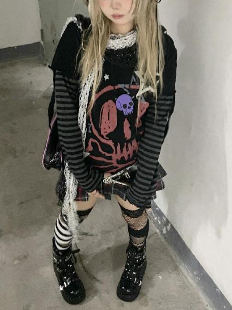 Autumn Aesthetic Punk Printed Long Sleeved Tops Women Harajuku Rock Y2k Fake Two Piece T-shirt Japanese Fashion Loose Casual Clothes