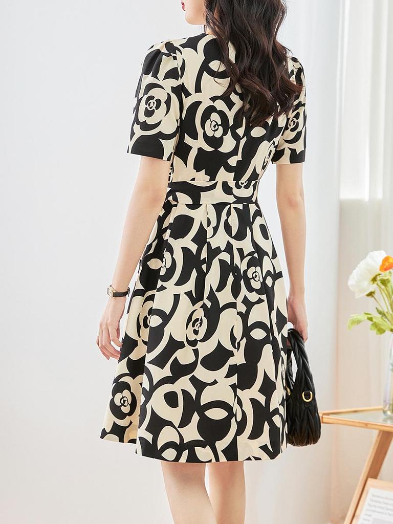 Light Luxury Camellia Print High Waist Slimming Dress