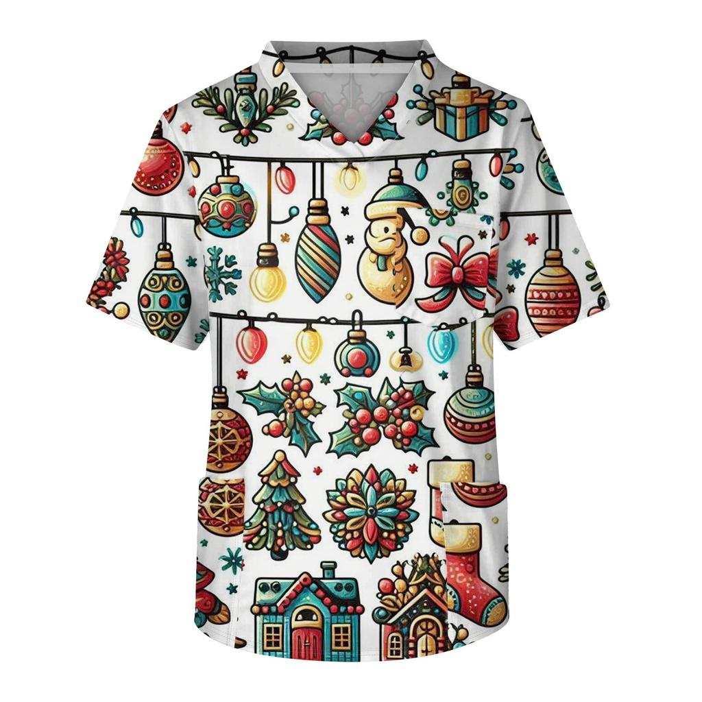 Men's Short Sleeve V-Neck Christmas Print Chest Pocket Care Top