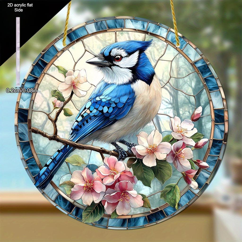 Blue Jay and Floral Stained Glass Wall Art, Ideal Gift for Nature Lovers, Friends, and Family, Nurseries, Vintage Home Decor Wall for Bar Kitchen, Res