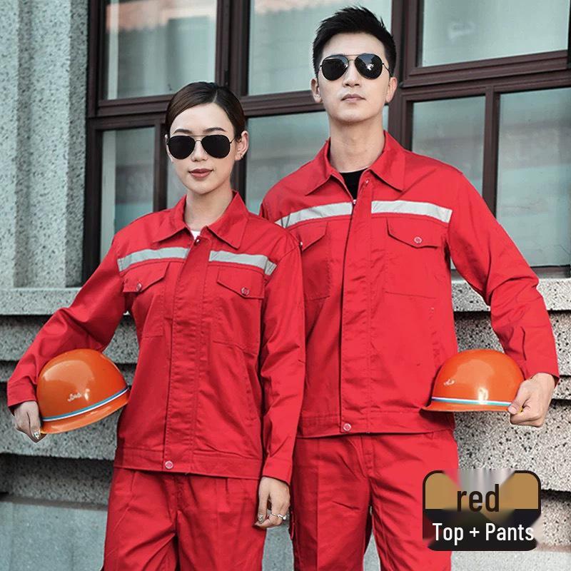 Reflective Polyester Cotton Workwear Set - Durable, Dirt-Resistant Clothes for Spring and Autumn Construction and Workshop Use