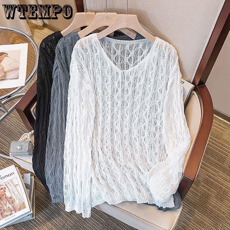 Women's Hollow Knitted Sweater V-neck Long Sleeved Spring/summer Plus Size Mid To Long Style with Sun Protection Cover