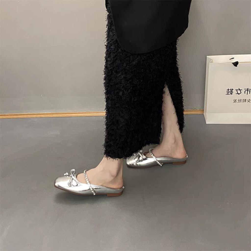 Flat bottom silver rhinestone bag head half slippers women's outer wear 2025 new spring and summer bow gentle evening wind single shoes
