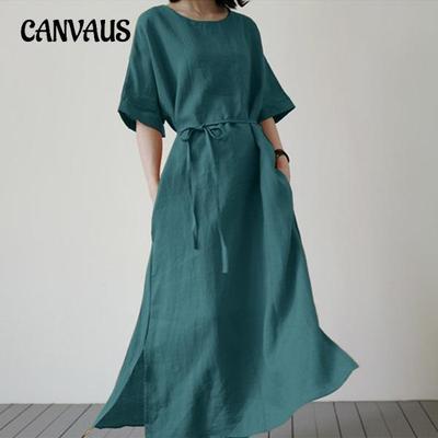 Damen-Kleid in Übergröße, lang, modisch, mit geteiltem Saum, Sommerkleid, elegant, kurzärmlig, lässig, mit Gürtel, Baumwoll-Leinen-Kleid