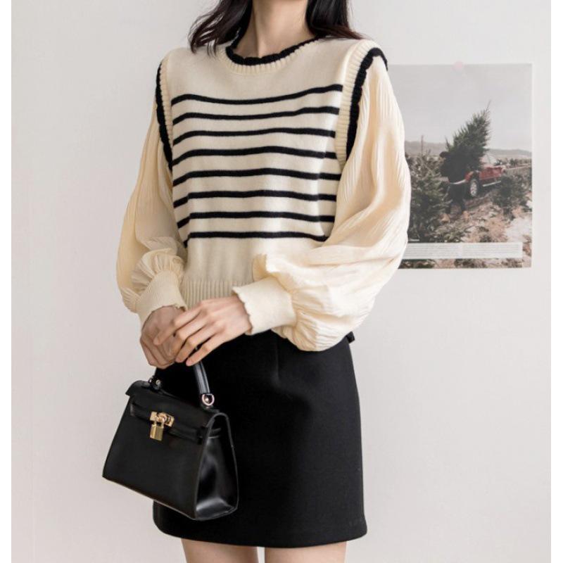 2025 Autumn Black & White Striped Puff Sleeve Sweater Knitwear Top