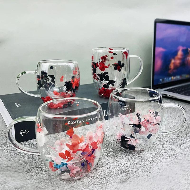 250/350ml Double Wall Coffee Mug With Handles Clear Milk Cups Gifts Glass Cup Fill Artificial Simulation Flowers Teacup