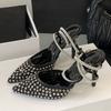 Woman Designer Rhinestone Mesh Pointed Toe Slingback Sandals Crystal Ankle Strap Women Pumps High Heels Party Prom Shoes