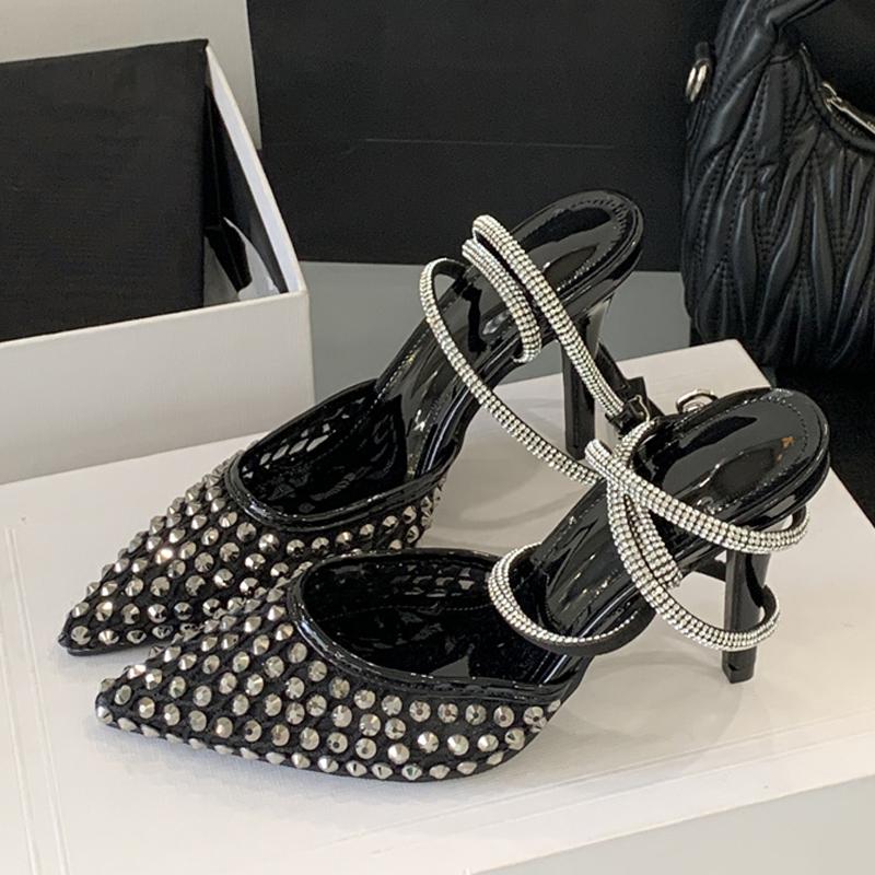 Woman Designer Rhinestone Mesh Pointed Toe Slingback Sandals Crystal Ankle Strap Women Pumps High Heels Party Prom Shoes