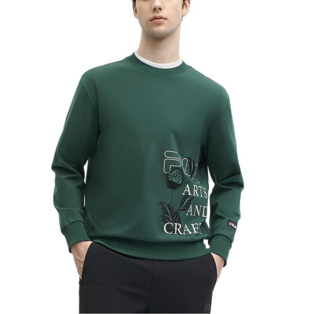 FILA X V&A Heritage Collection Morgan Series Letter Round Neck Pullover Sweatshirt Men sweatshirt Night-Shadow-Green F11M418206F-GN