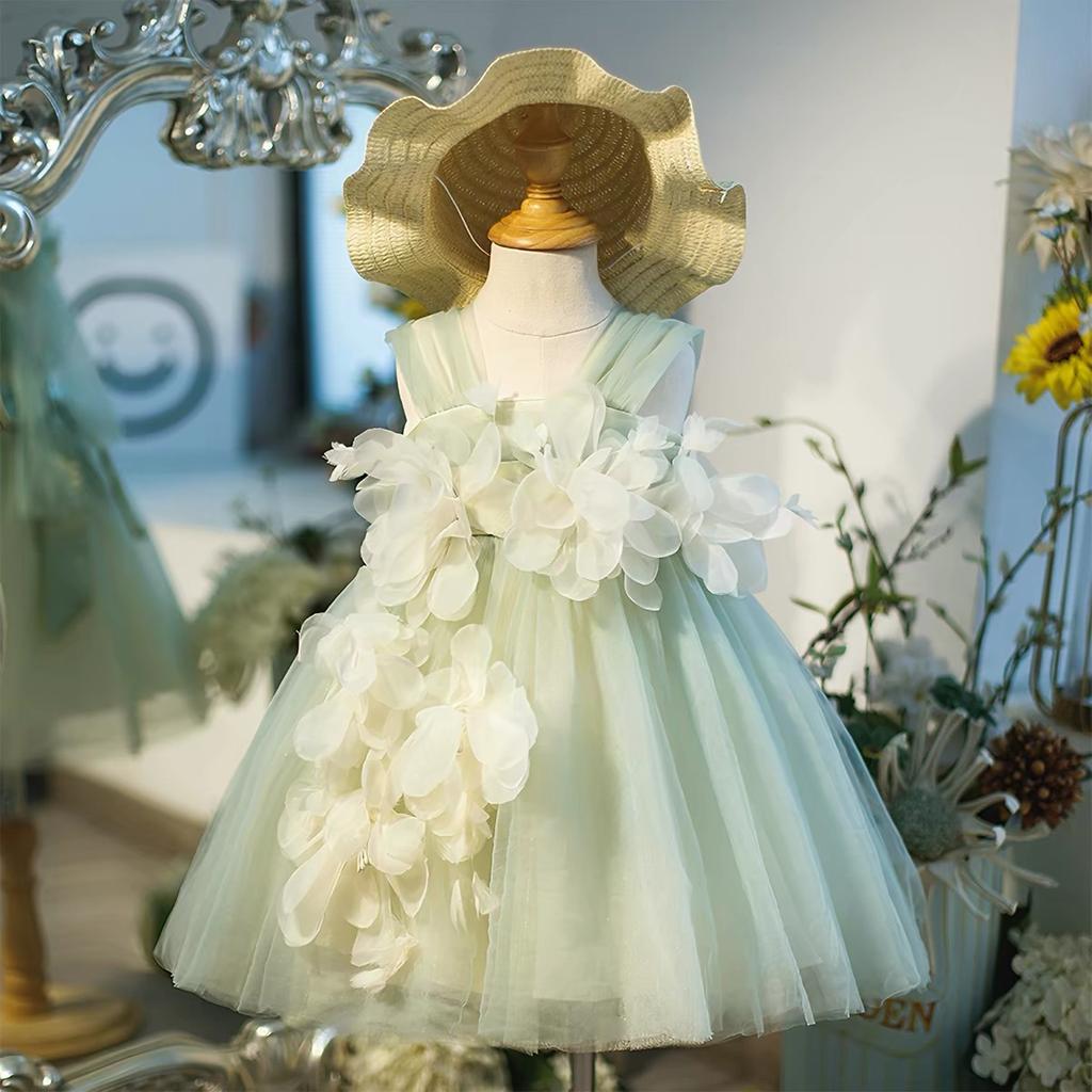 Vestito da Bambina Verde Menta in Tulle con Fiori 3D e Fiocchi Vestito da Fata per Festa per Bambini