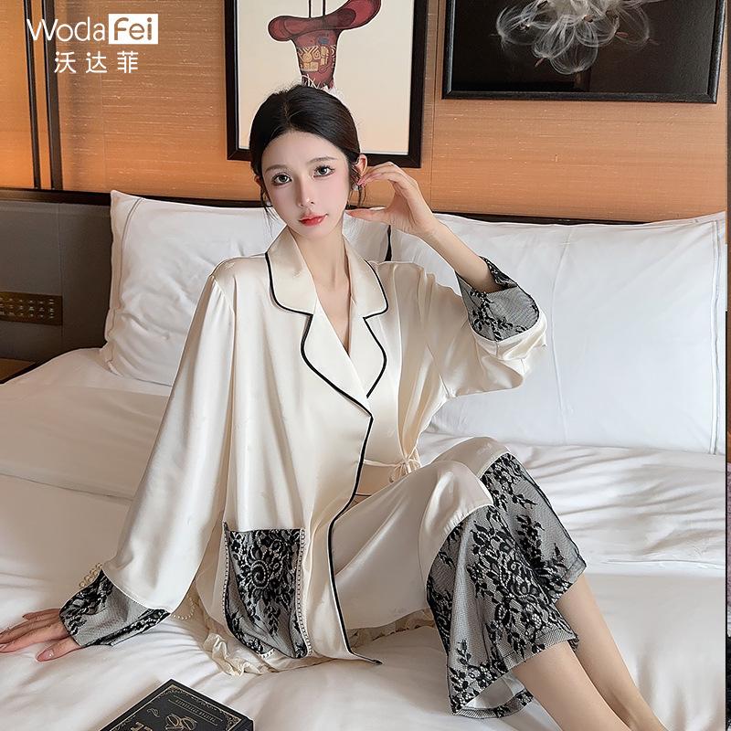 New Chinese style lace long-sleeve pants can be worn out, loungewear, new high-end ice silk pajamas for spring and autumn