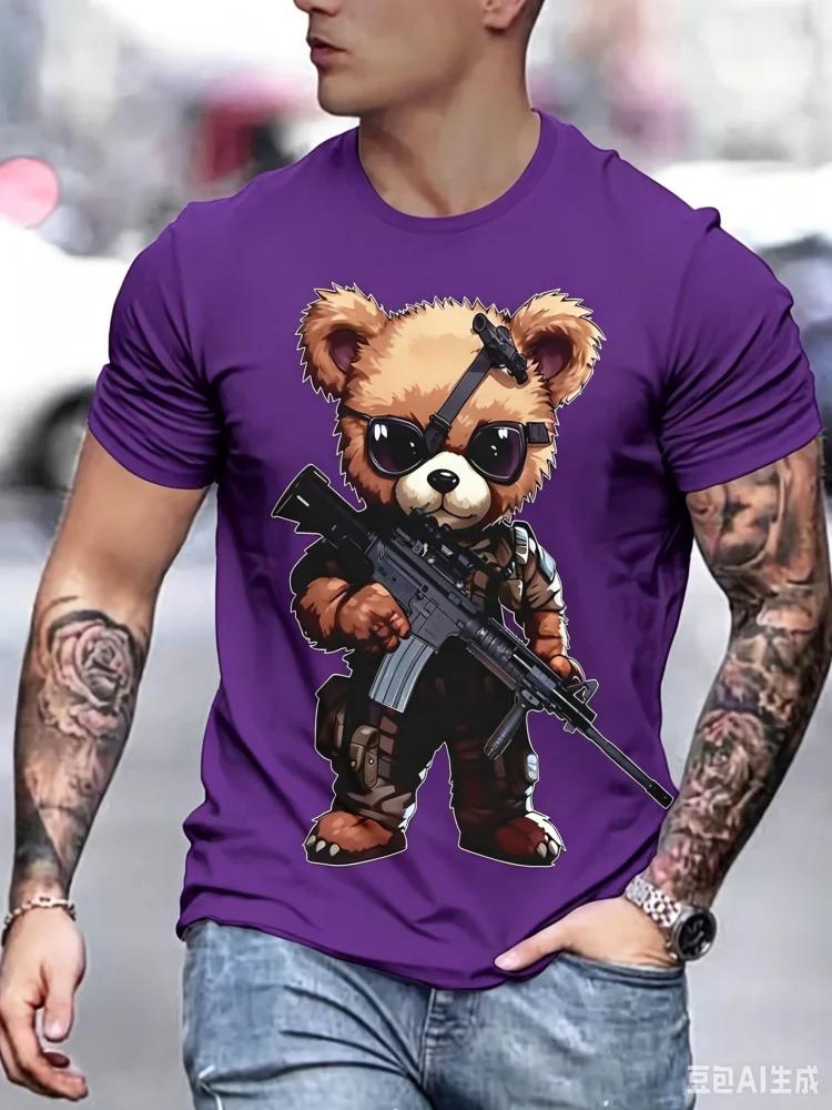 Fashion Unisexs Tactical Gun Bear Print T Shirt Cool Sunglasses Soldier Teddy Graphic Casual Streetwear Short Sleeve Tops