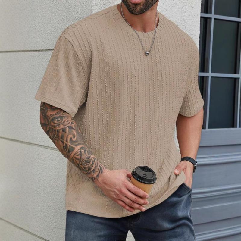 Mens Casual Solid Color Textured Short Sleeve Crew Neck T Shirt