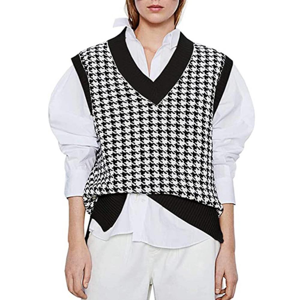 Loose Knitted Vest Sweater Women Sleeveless Thick Vintage Sweater Vest Female Waistcoat Chic Tops  Houndstooth Women Clothing