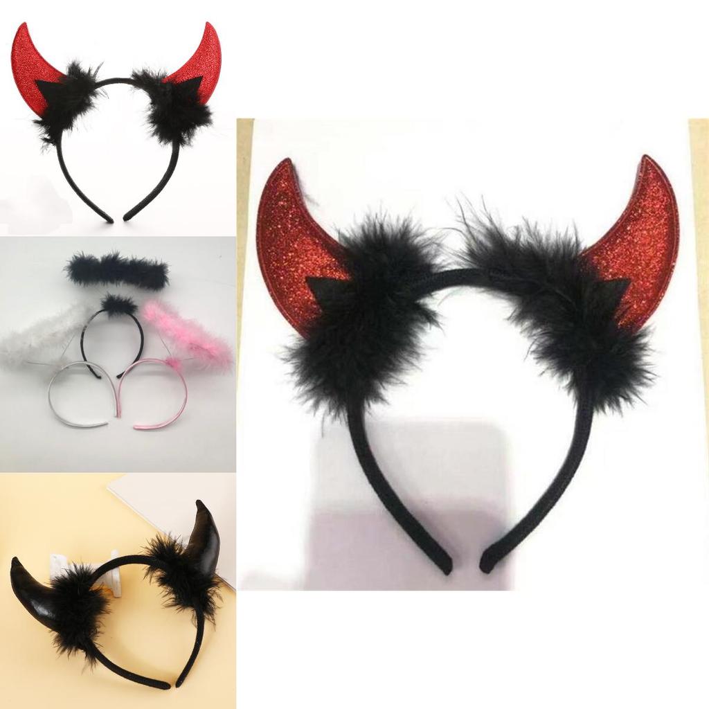 Halloweenská Vánoční Párty Čelenka s Bílým Peřím Andělskými a Ďábelskými Rohy pro Kostým a Festivalovou Dekoraci