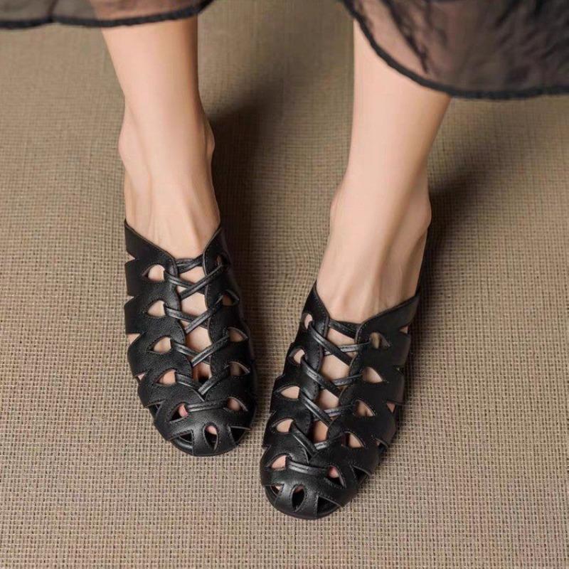 Modische gewebte Hollow Muller-Slipper mit runder Spitze für Damen im Sommer, Retro-Innensohle mit Absatz, Einschlupf-Baotou-Pantoletten