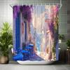 Charming Mediter 3D Shower Curtain -Purple Flower & Coastal Village Theme for Bathroom Decor,Adds Romantic and Serene Atmosphere