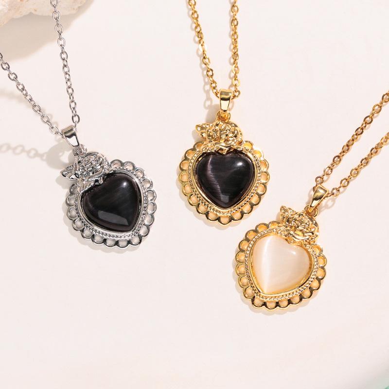 Korean Style Cat's Eye Heart Bow Pendant Necklace for Women