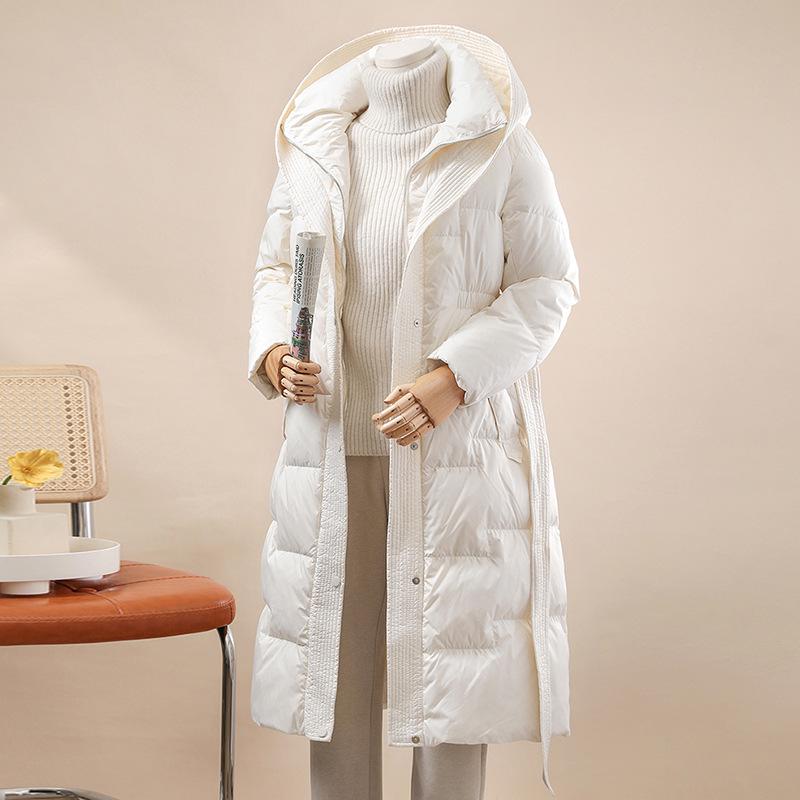 Women's Stylish Over-the-knee White Duck Down Jacket - Long, Slimming, Warm, Waist-Cinched Belted Winter Outerwear.