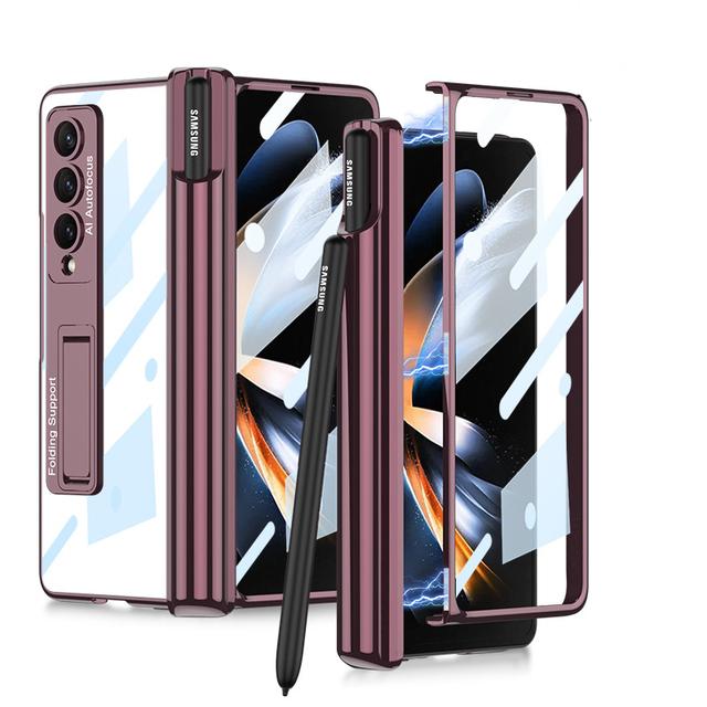 Plating Magnetic Hinge Pen Slot Case For Samsung Galaxy Z Fold 4 Cover Clear Bracket Cover For Z Fold4 5g