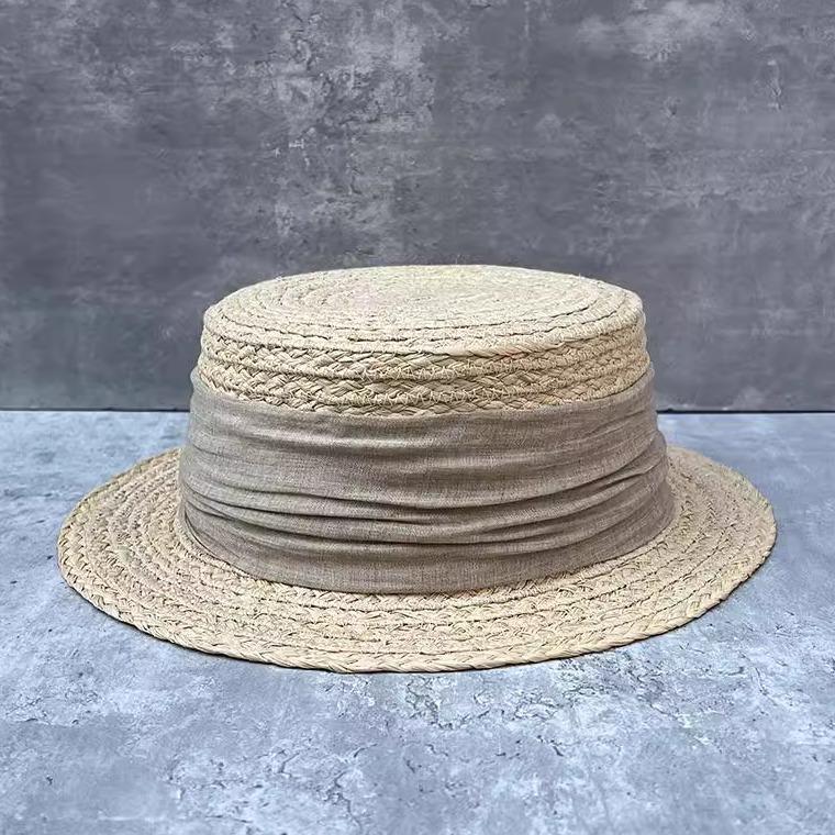 Straw Hat Simple Pleated Cloth Flat Top Raffia Top Hat Women'S Spring And Summer Pastoral Vacation Seaside Short Brim Sun Hat