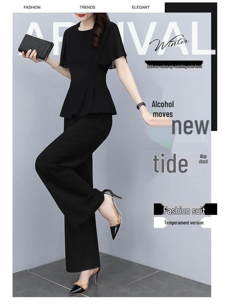 Women's Black Chiffon Shirt & High-Waisted Wide-Leg Pants Two-Piece Set for Summer