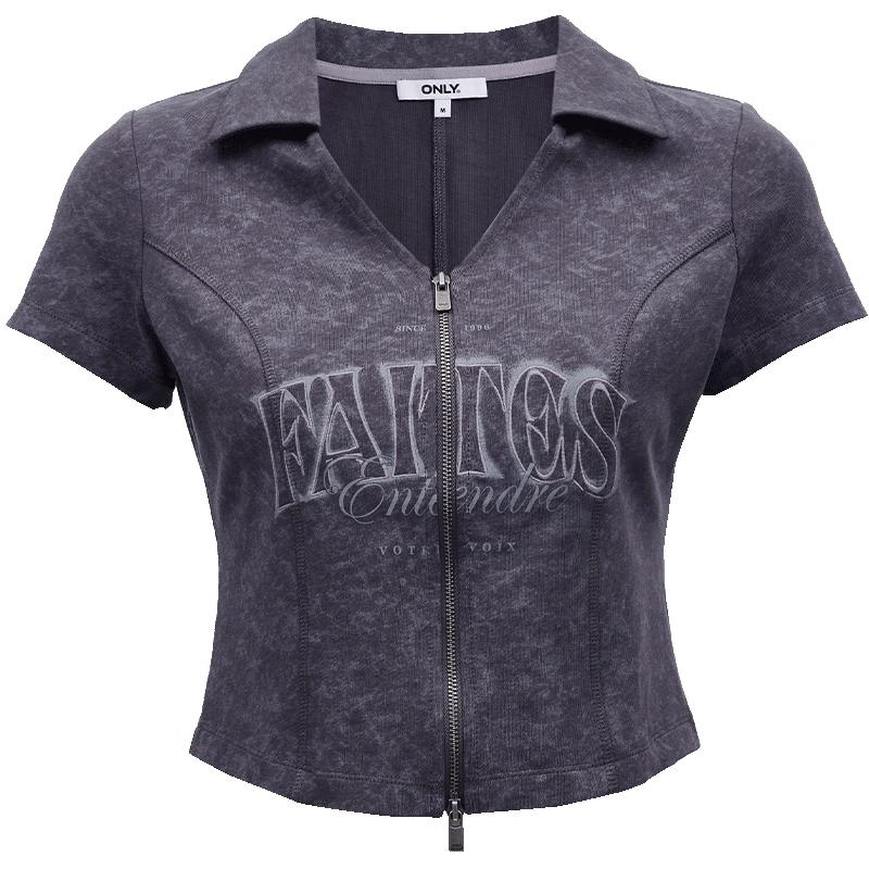 ONLY 2025 Spring Distressed Letter Print Lapel Slim Short T-Shirt S