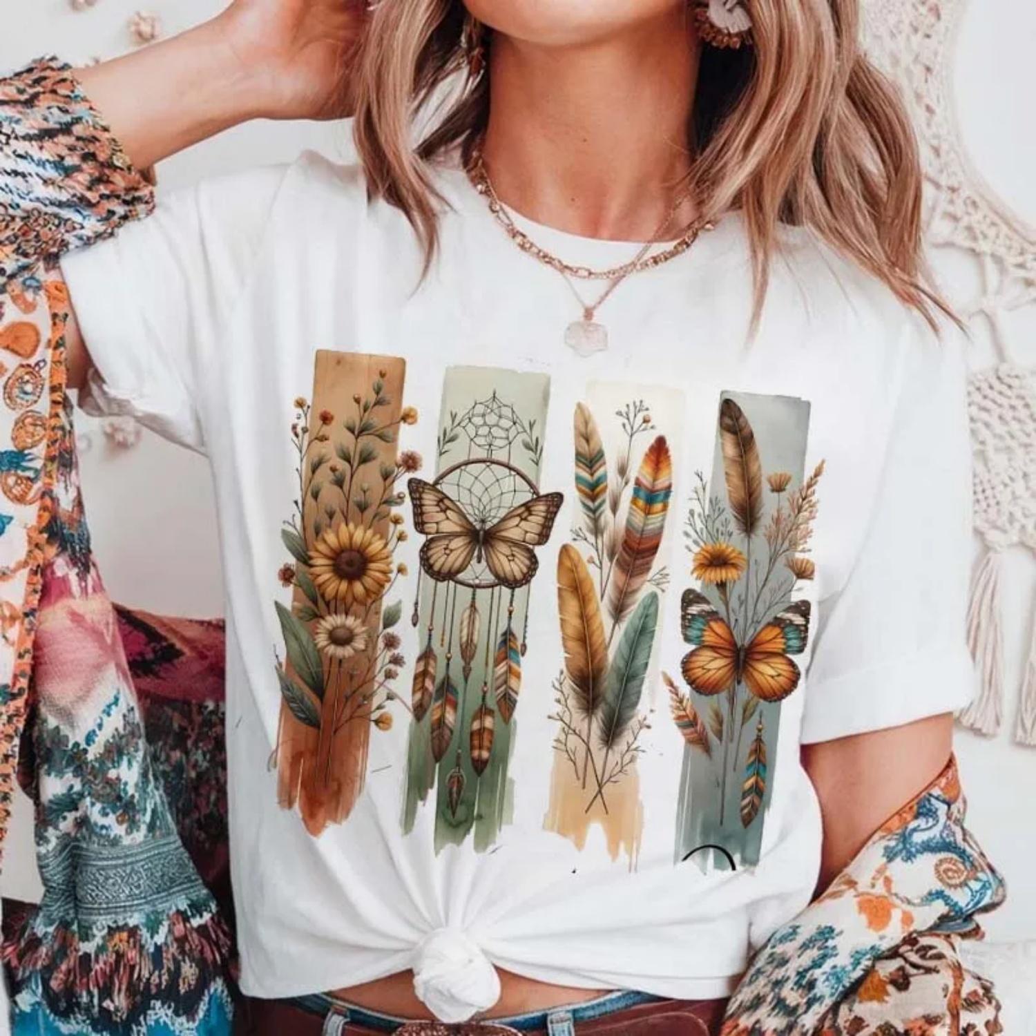 Dreamcatcher Butterfly Women s T-Shirt Short Sleeved Basic Top Cute Style Summer Fashion Women s Apparel Printed Casual Tee S